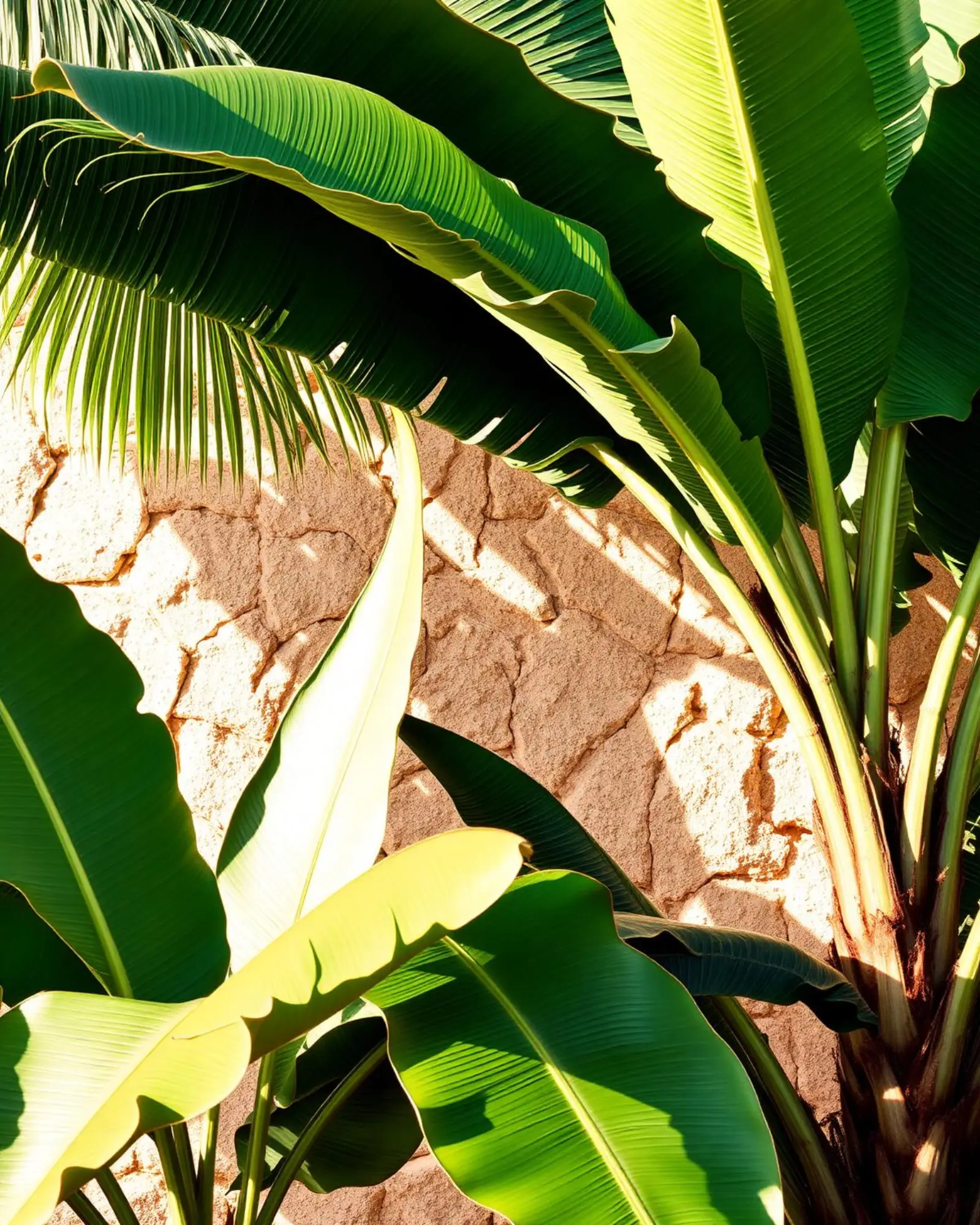 Tropical Brazilian palms against a sand stone wall
